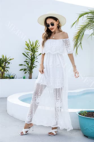 Mermaid's Closet Womens Off Shoulder Embroidered Lace Maxi Dress Boho White Wedding Guest Party Maternity Photoshoot Dresses #TOP7