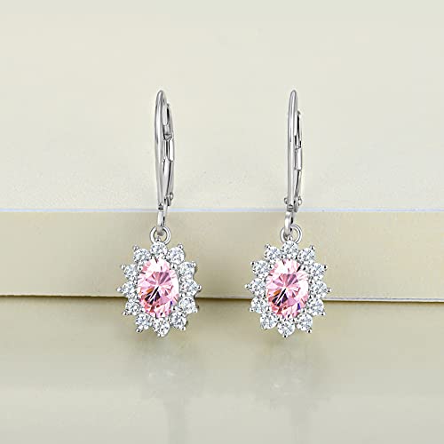 Yl Women's Dangle Drop Earrings Sterling Silver Halo Princess Diana Leverback Earrings Created Pink Tourmaline Jewelry #TOP3