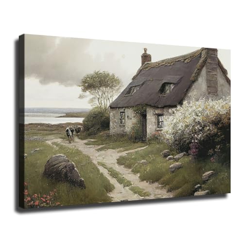 Irish cottage by the sea with cows framed wall art