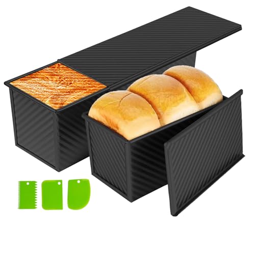 Barlket Upgraded Black Pullman Loaf Pan with Lid, 13 Inch Pullman Bread Pan with Cover, 2.2LB & 1LB Dough Capacity, 2 Pack Sandwiches Bread Loaf Pan Nonstick, for Sourdough and Toast