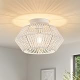 Rattan Light Fixtures Ceiling Mount, Boho Light Fixture with Hand-Worked Woven Cage Lampshade, 9.6 I