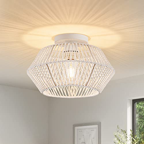 Rattan Light Fixtures Ceiling Mount, Boho Light Fixture with Hand-Worked Woven Cage Lampshade, 9.6 Inch Coastal Semi Flush Mount Ceiling Light for Bedroom Hallway Nursery Foyer Farmhouse, White