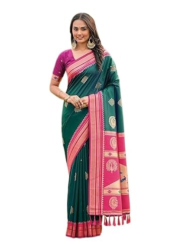 FASHIONFRICKS Soft ilkal Paithani Silk Saree with Zari Woven ilkal Border (Green)