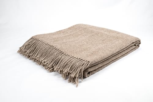 Drobė HOME Wolldecke aus 100% Reine Merinowolle 140x200cm Beige/Beige I Weicher Einfarbige Decke aus Schurwolle mit Fischgrätenmuster und Fransen I Perfekt als Überwurf Sofadecke Tagesdecke