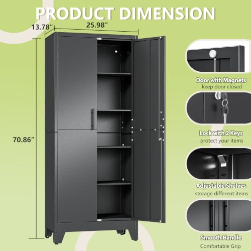 Image of Black Kitchen Pantry Cabinets, 71 Metal Lockable Storage for Office