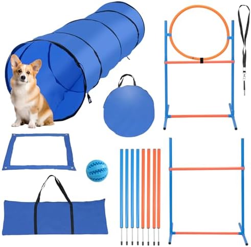 Monucep Hunde Agility Trainingsset mit Tunnel und Sprungstange | Sprungstange & Ring höhenverstellbar, Tunnel, Slalomstangen, robustes Polyester, werkzeugloser Aufbau, für Garten &