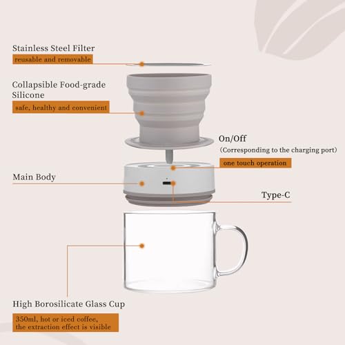 Minidiva Cold Brew Coffee Maker, Vacuum Extraction Coffee Machine, Fully Automatic 4-minutes Brewing Pneumatic Extraction, Reusable, Portable, Battery Powered, 350ML for Home Office Camping (Gray)