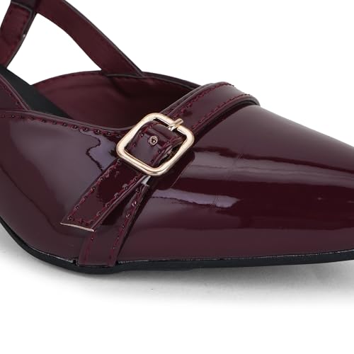 Image of Women's Pointed Toe Kitten Heels, Elegant Glossy Patent Leather Slingback Pumps with Adjustable Buckle Strap, 2-Inch Pencil Heel Sandals