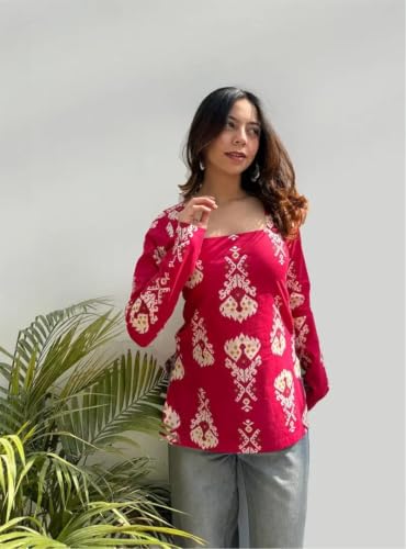 Image of Women Pure Cotton Floral Printed Short Kurti | Square Neck | Full Sleeves | Stylish Ethnic Kurta | Back Tie-Up | Casual Wear Kurta