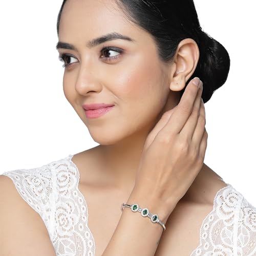 Image of ZENEME Rhodium-Plated Oval Shape American Diamond Studded Handmade Kada Bracelet For Girls and Women