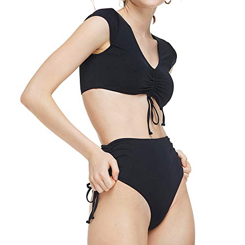 PURPLESHE Women s Retro Bikini Set Short Sleeve High Waisted Padded Two Piece Swimsuit Bathing Suits Swimwear Black