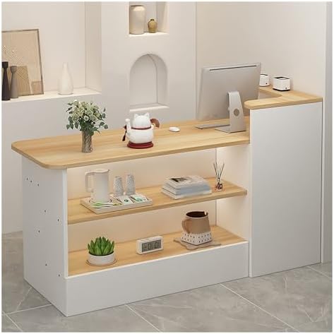 Modern Reception Counter Desk with Display Shelf & Drawers - Stylish Retail Checkout Table for Lobby, Salon & Front Desk Use - Versatile Reception Room Furniture