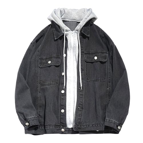 JEShifangjiusu Mens Denim Cargo Coat with Pockets Zip&Button Japanese Autumn Jacket Fake 2 Pieces Hoodie Jackets2