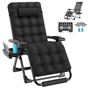Slendor Zero Gravity Chair, 26inch Zero Gravity Recliner, Folding Reclining Lounge Chair,Indoor Outdoor Patio Chairs with Pillow, Cushion, Footrest,Cup Tray, Support 440lbs,Black