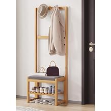 Coat Rack, Hall Tree with Shoe Bench, Entryway Bench with Shoe Storage and Hooks,Bamboo, 3-in-1,for EntrywayWood Color,50cm/19.7in