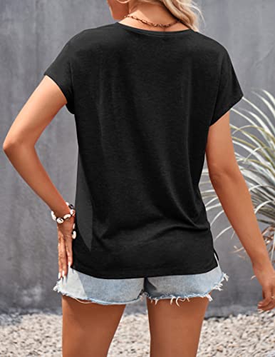 Merokeety Women's Casual Cap Sleeve Lace Trim V Neck Tops 2023 Summer Loose Tee Shirts Blouse, Black, Small #TOP2