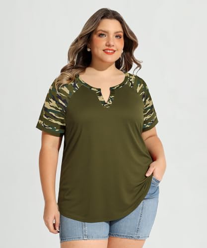 Image of CARCOS Plus Size Tops for Women Short Sleeve Summer Pullover Color Block Crewneck /V Neck Tee Tunic Loose Fit Tshirts XL-5XL