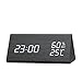 Wooden Digital Alarm Clock with 3 Levels Adjustable Brightness/3 Groups of Alarm Time/Displays Time Date Temperature and Humidity/Triangle Touch /Sound-Controlled/Black