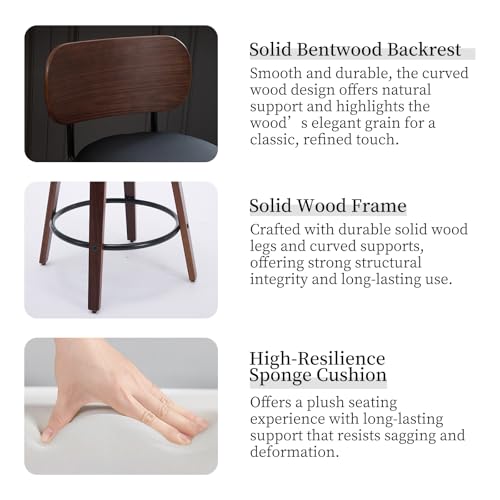 Image of Shenyon Counter Stools Set of 4, 26 inch Swivel Counter Height Bar Stools with Walnut Back,Upholstered PU Leather, Bentwood Legs, Mid Century Modern Bar Chairs for Kitchen Island, Black