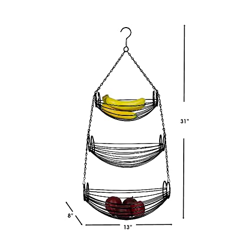 Home Basics 3-Tier Adjustable Chrome Heavy Duty Wire Hanging Fruit Or Vegetable Kitchen Storage Baskets, Black Finish, Hammock Style #TOP6