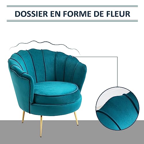 Fauteuil Coquillage Design HOMCOM En Velours Bleu - Pieds Dorés, 79x77x77 Cm