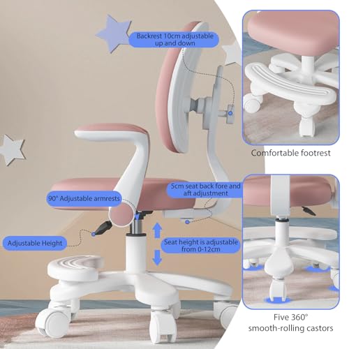 TAZZOR Silla de escritorio infantil, altura ajustable, silla giratoria ergonómica para niñas y niños, cómoda silla de aprendizaje para habitación infantil (modelo de actualización (manillar + pasos - imagen 4