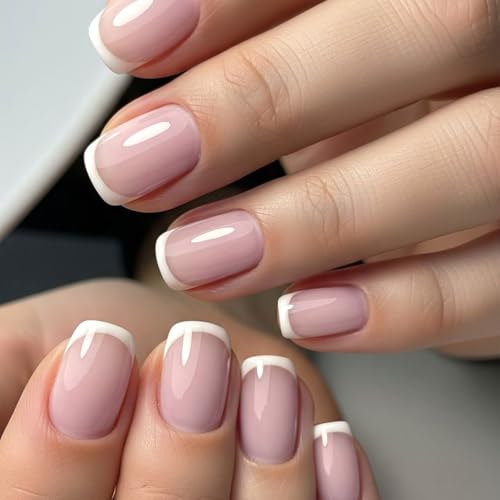 GLAMERMAID Pink French Tip Press on Nails Short, Soft Gel Fake Nails Short Sqaure, Fit Perfectly & Natural Classy French Glue on Nails, 30 Pcs Reusable Acrylic False Nails Manicure Kit for Women Gift — view 2