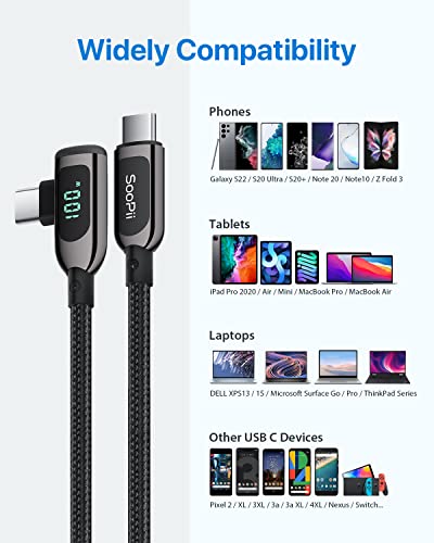 Soopii 100W Right Angle Usb C To Usb C Cable,4Ft Zinc Alloy Braided Type-C Cable With Led Display For Lpad Mini/Air/Pro,Macbook Pro,Samsung S23/S22/S10,Pixel,Lg(1.2M,Black) #TOP7