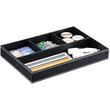 KINGFOM Pu Leather Desk Organizer Tray, 4 Compartment Office Storage Supplies Stationery Drawer Tray, Nightstand Bedside Tray for Key, Wallet, Sunglass, Watch, Coin, Phone Valet Tray Stackable Black