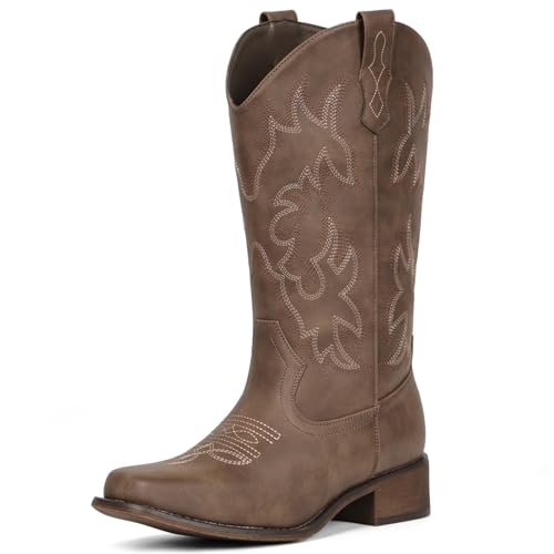 Image of IUV Cowboy Boots For Women Square Toe Wide Mid Calf Western Pull On Suede Fashion Black Brown Cowgirl Boots
