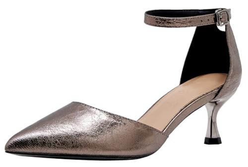 LizFoYa Women D’Orsay High Heels Metallic Leather Closed Pointy Toe Evenning Party Ankle Strap Shoes