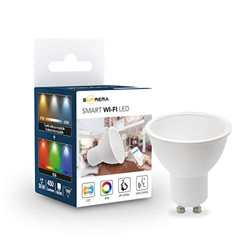 Suprema, Faretto Lampadina Multicolore Led Smart Wi-fi, Dimmerabile, Attacco Lampadina GU10, Compatibile come Faretti Alexa e Google Home