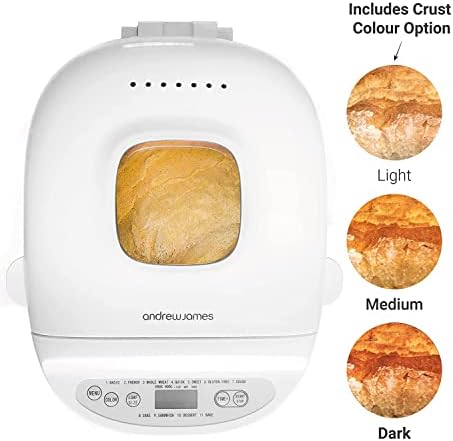 Andrew James Digital Automatic Breadmaker | 11 Pre-set Functions | Bread Maker with Gluten Free, French Bread Modes | Cool Touch Display Window Digital Control 1 Hr Keep Warm | 3 Accessories (White)