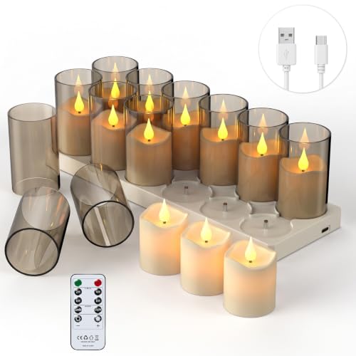 Broyal 12 Bougie Chauffe Plat LED Rechargeable,Fausses Bougie | Avec socle de recharge et coupelle, 2 façons de les disposer ; ces bougies de thé LED à flamme vacillante sont idéales