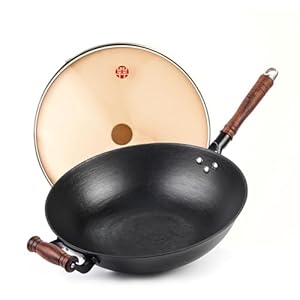 WANGYUANJI Cast Iron Wok,13.4” Flat Bottom Wok with Glass Lid,Suitable for All Cooktops, Uncoated Craft Wok Healthy Cooking Wok-Practical Gift
