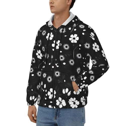 Sweat à capuche imprimé floral noir et blanc avec cordon de serrage