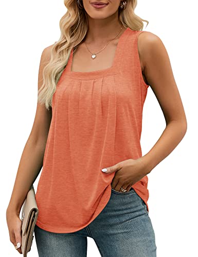 Womens Summer Tops Dressy Casual Loose Fit Square Neck Orange Tank Tops Women Pleated Sleeveless Blouses Trendy 2023, S #TOP8
