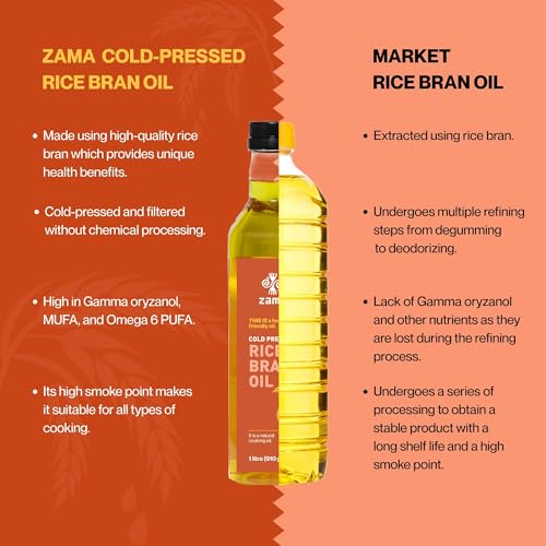 Image of Zama Cold Pressed Rice Bran Oil 1LTR (PET Bottle) | Kolhu /Kacchi Ghani /Chekku | Rich in Oryzanol & Omega-6 | Supports Heart Health & Cholesterol Control | Low Calorie, Natural & Farm Fresh Cooking Oil | Ideal for Stir & Deep Frying