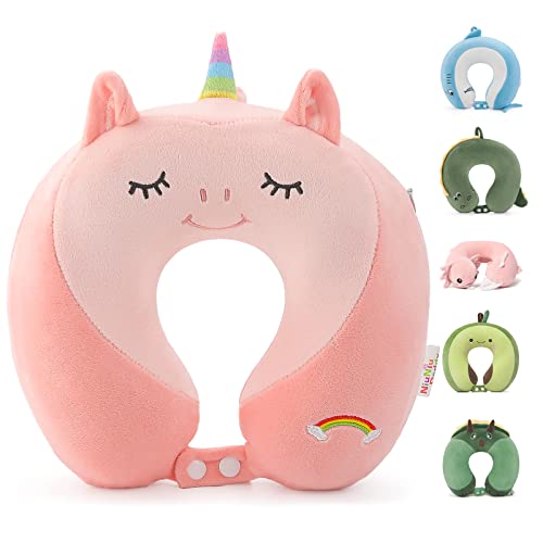 Image of Kids Travel Neck Pillow for Ages 3-8, Memory Foam, Removable Cover, Unicorn | Machine washable, 13 in neck size, hidden zipper, 360-degree head and chin support, car seat and airplane use