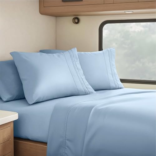 Image of Nestl Stone Blue Short Queen Sheets for RV, Hotel Luxury RV Queen Sheets Set, 4 Piece Fitted Bed Sheet Set and Pillowcases, Super Soft, Wrinkle-Free, and Breathable Camper Bedding