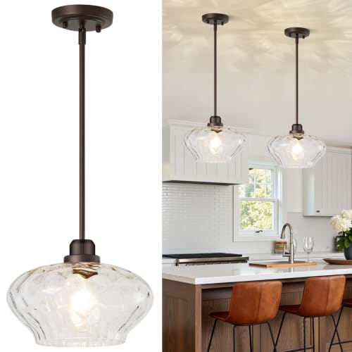 Pendant Lights Kitchen Island, Oil Rubbed Bronze Pendant Light Fixtures with 11" Clear Hammered Glass Shade, Modern Hanging Pendant Lights Fixture for Kitchen Island Dining Room Hallway Foyer Entryway