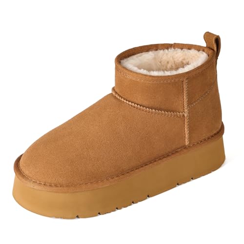 OOW Ankle Platform Boots for Women Genuine Suede Short Winter Snow Boot with Cozy Lined