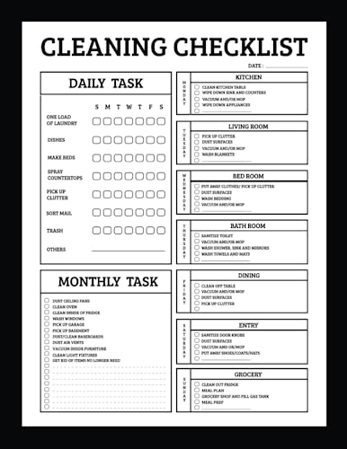 Cleaning Checklist: Daily weekly and monthly cleaning schedule checklist planner | Plan out Household Chores with Check Lists | Size is 8.5x11 inch -110 Pages