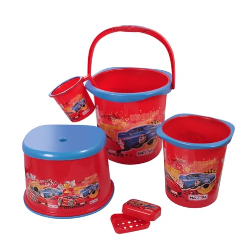 Nayasa Kids Printed 5 Pcs Plastic Bathroom Set, Red (NB3239)