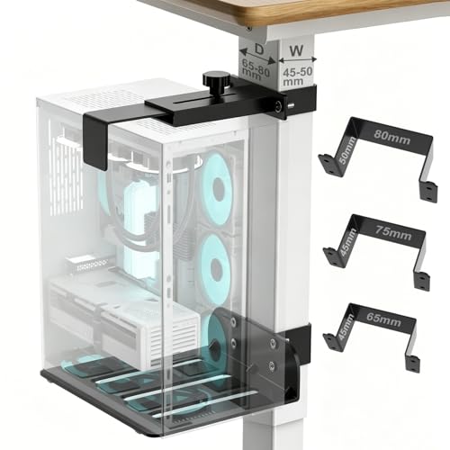Under Desk PC Mount - No Drilling 40 lb Capacity Fits 3 Fixed Desk Leg Sizes CPU Holder Under Desk Adjustable Clamp-on Desk Leg PC Mount for Standing Desk with Non-Slip Pads Black