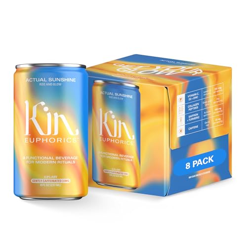 Kin Euphorics Actual Sunshine Non-Alcoholic Functional Beverage | Rise and Glow from Within | Immunity + Beauty Booster | Adaptogens, Nootropics, Collagen | 8 FL Oz, 8PK