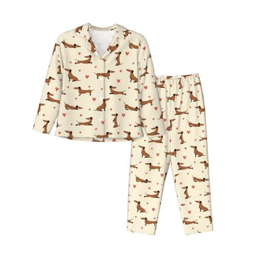 Kuilepa Damen-Pyjama-Set mit Herz-Dackel-Motiv, Knopfleiste, 2-teilig, langärmelig, Schwarz, L