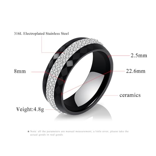 Image of PAMTIER Unisex Ceramic 8mm Personality Simple Multi-Faceted Rhombic Cut 2 Lines Rows Crystal Zircon Inlay Ring Eternity Wedding Band
