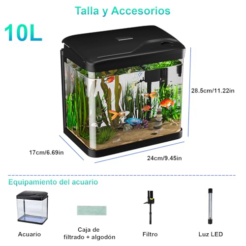 PUTINEI 10L Acuario de Cristal Acuarios y Peceras Completas,con Sistema de Filtrado Integrado e Iluminación LED,Acuarios de Iniciación, Negro