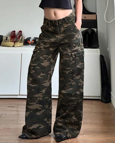 Women Camouflage Cargo Jeans High Waisted Straight Wide Leg Camo Jeans Y2k Flap Pockets Baggy Denim Pants3
